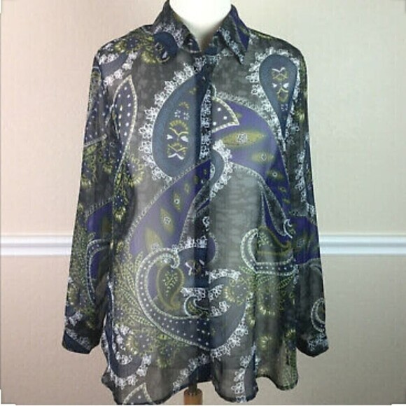 Liz Baker Petite Sheer Blue Black Green Paisley Print Button Front Blouse - Picture 5 of 5